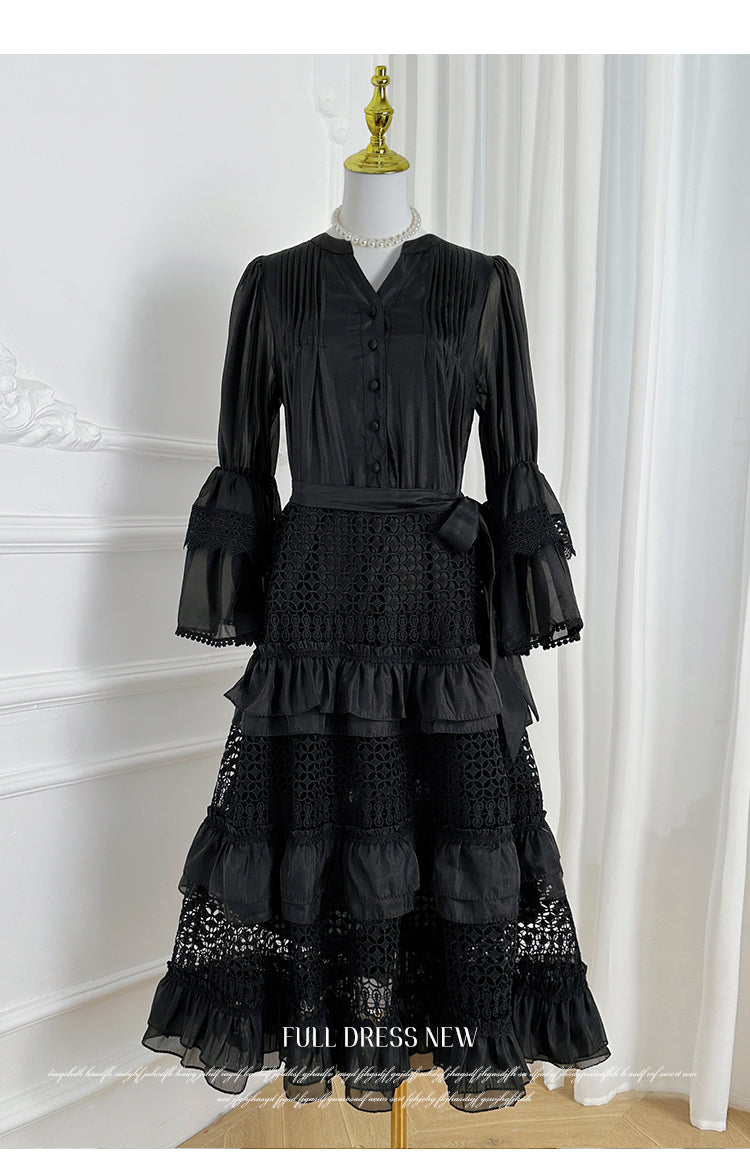 French retro court-style cut-out lace patchwork with fungus trim and flared sleeves at the waist
