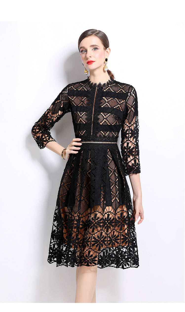 Original design mid long sleeved slimming hollow out water-soluble lace positioning printed mid length dress for spring, summer, autumn vacation