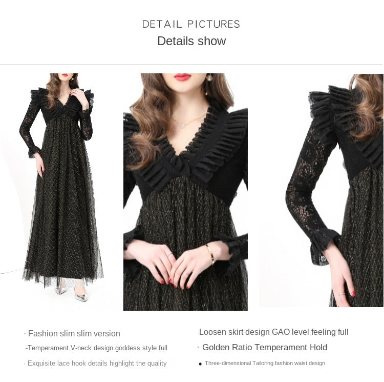 Original design: Spring, Summer, Autumn, resort style, embroidered lace, V-neck, long sleeves, lace and mesh maxi dress