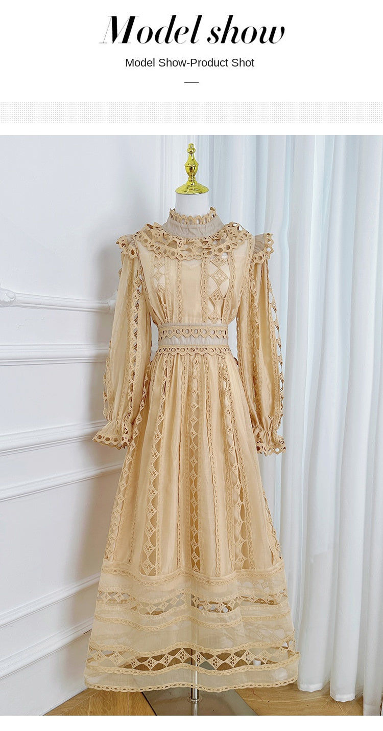 Original design graphic hollow embroidery solid color French long skirt with waist cinching temperament dress