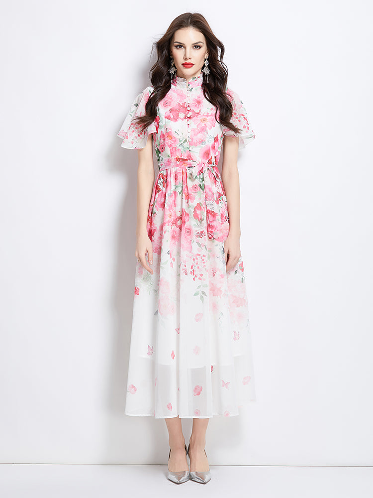 Original design for spring and summer small flying sleeves, ruffled edges, floral patterns, colorful waist cinched stand up collar dress