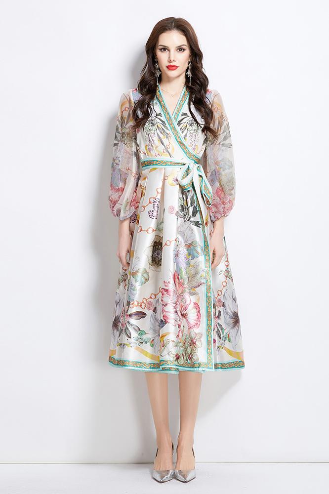 Original design for spring and summer V-neck ethnic style printed satin wrapped long length dress