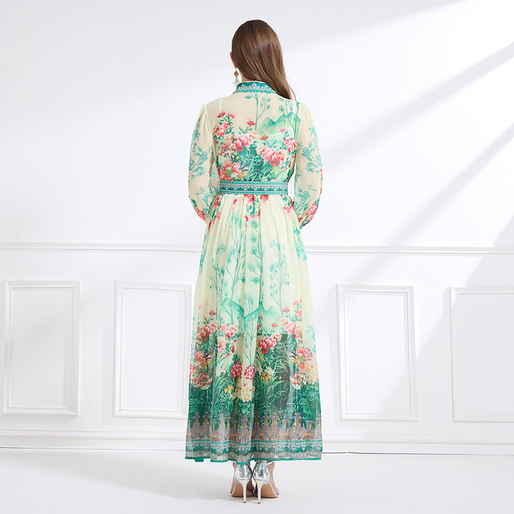 Original design - Spring/Summer, Autumn chiffon shirt collar print, long sleeves, cinched waist, ruffled maxi skirt