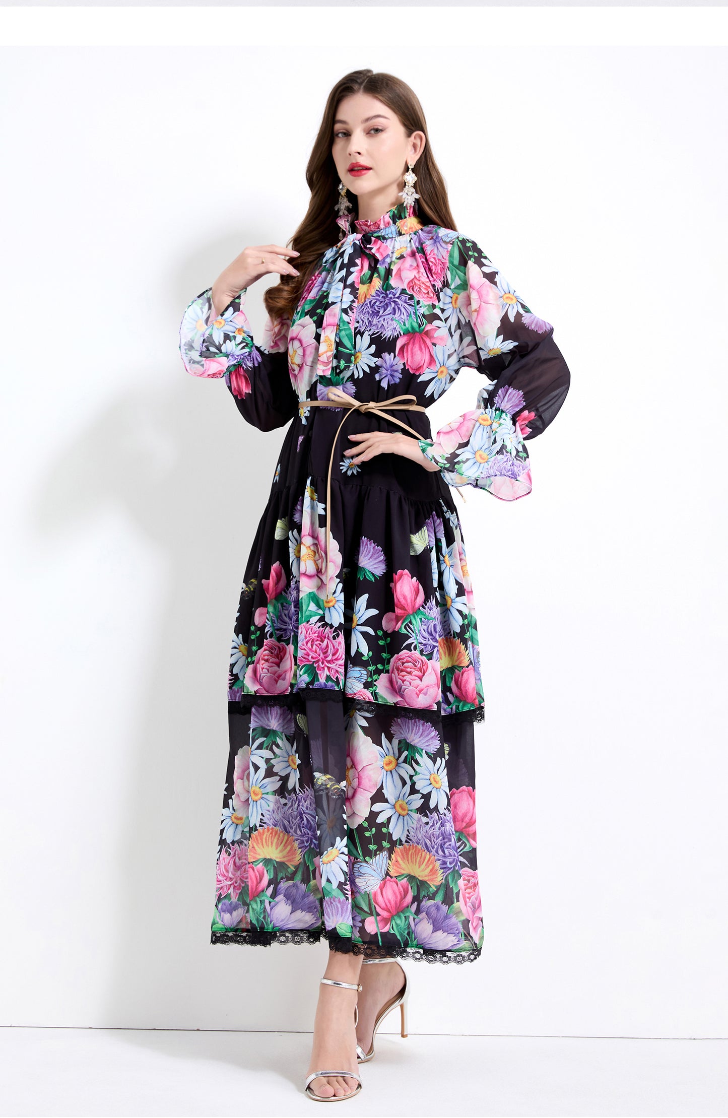 Original design - spring and summer fake lace cake skirt floral print waist ruffle skirt