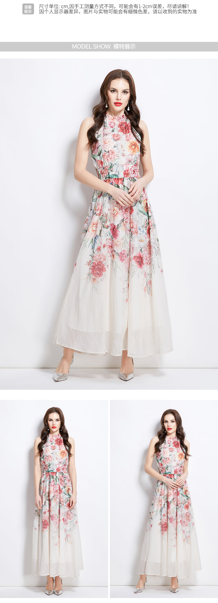 Original Design Spring/Summer Vacation New Oil Painting Flower Printed Hanging Neck Long Dress