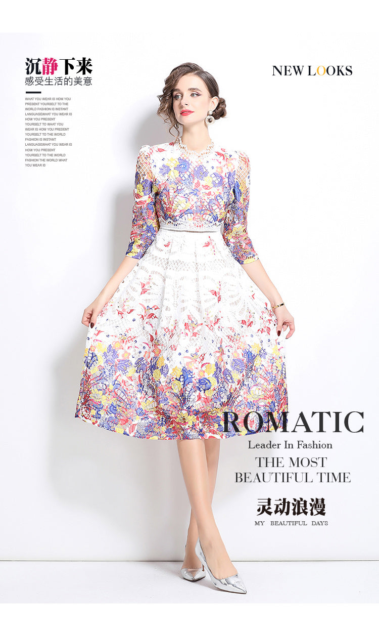 Original design mid long sleeved fashionable slimming hollow out water-soluble lace positioning mid length dress