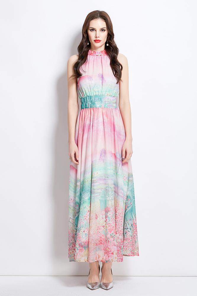 Original design: spring, summer, autumn vacation, new oil painting, flower print, halterneck maxi dress