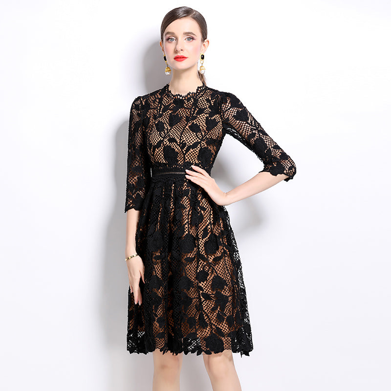 Original design mid long sleeved fashionable slimming hollow out water-soluble lace positioning mid length dress