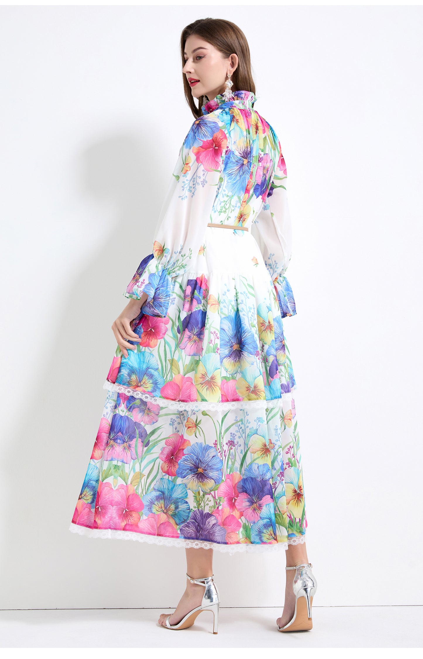Original design - spring and summer fake lace cake skirt floral print waist ruffle skirt