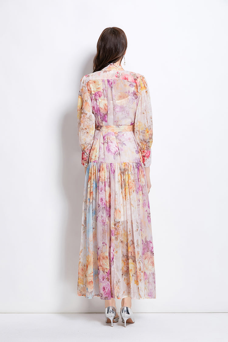 Original design: Spring/Summer ethnic style retro stand up collar lantern sleeve printed dress