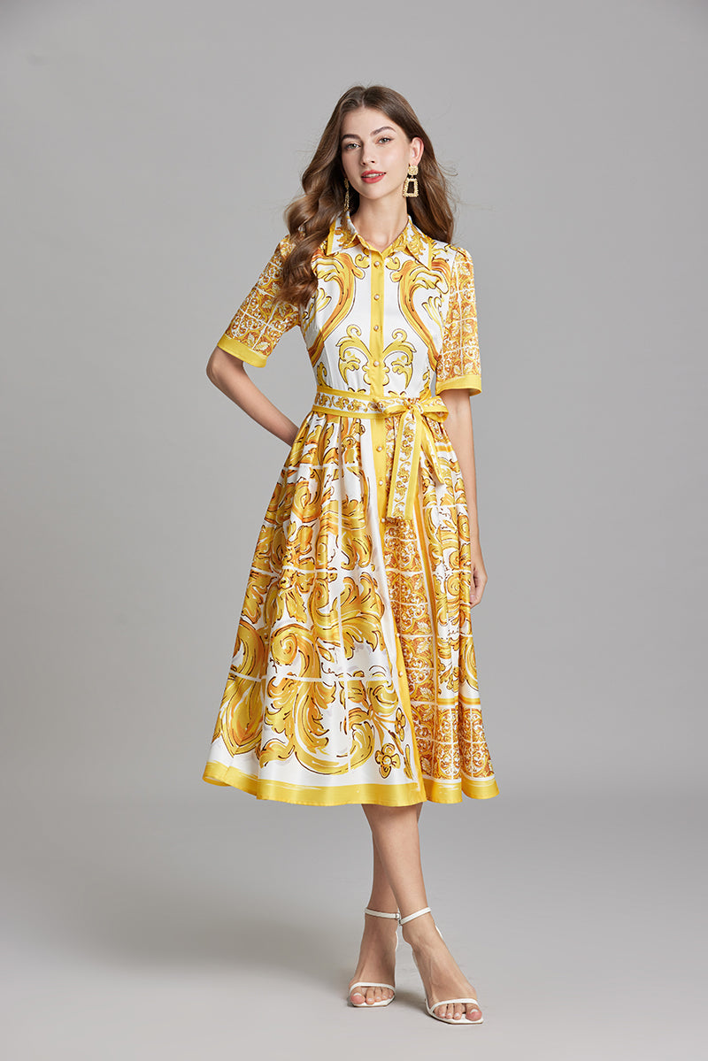 Original Design Spring/Summer Positioning Printed Collar Strap Waist Shirt Dress Large Swing A-line Skirt