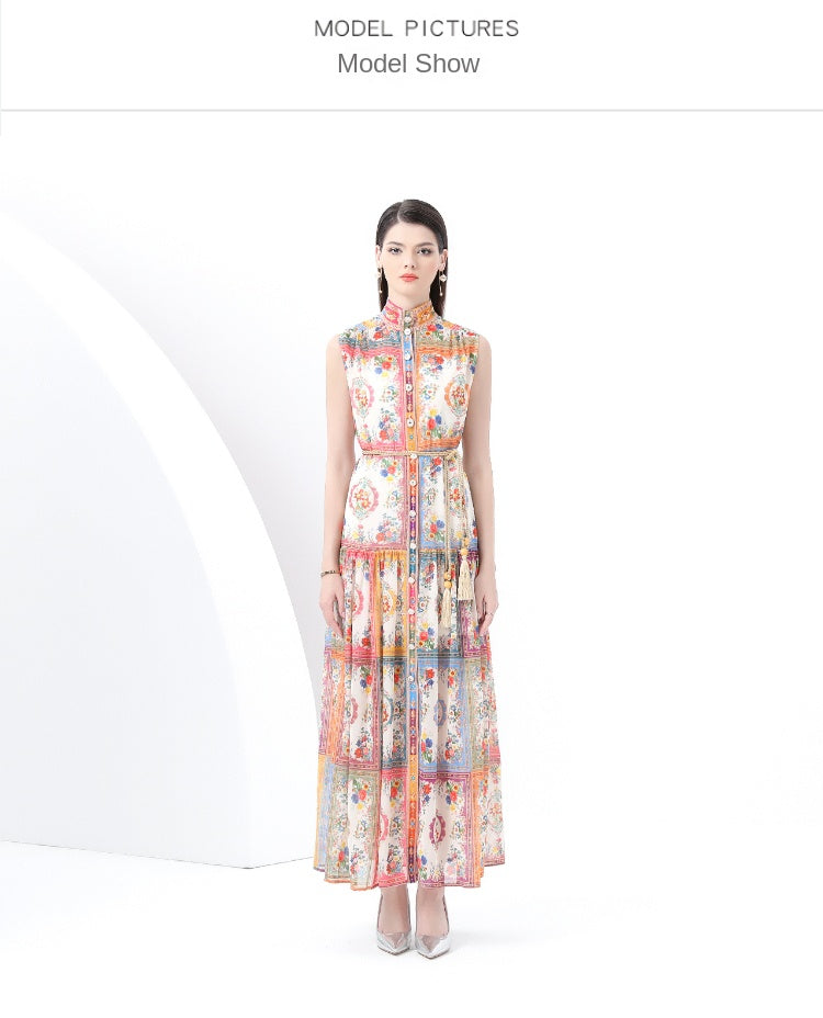 Original design: Spring, Summer, Autumn, vintage style, stand collar, sleeveless, wavy edge, long printed dress 2-piece set