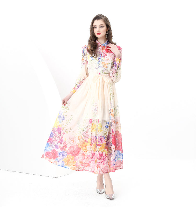 Original design: Spring, autumn and summer retro style balloon sleeve wavy edge long printed dress