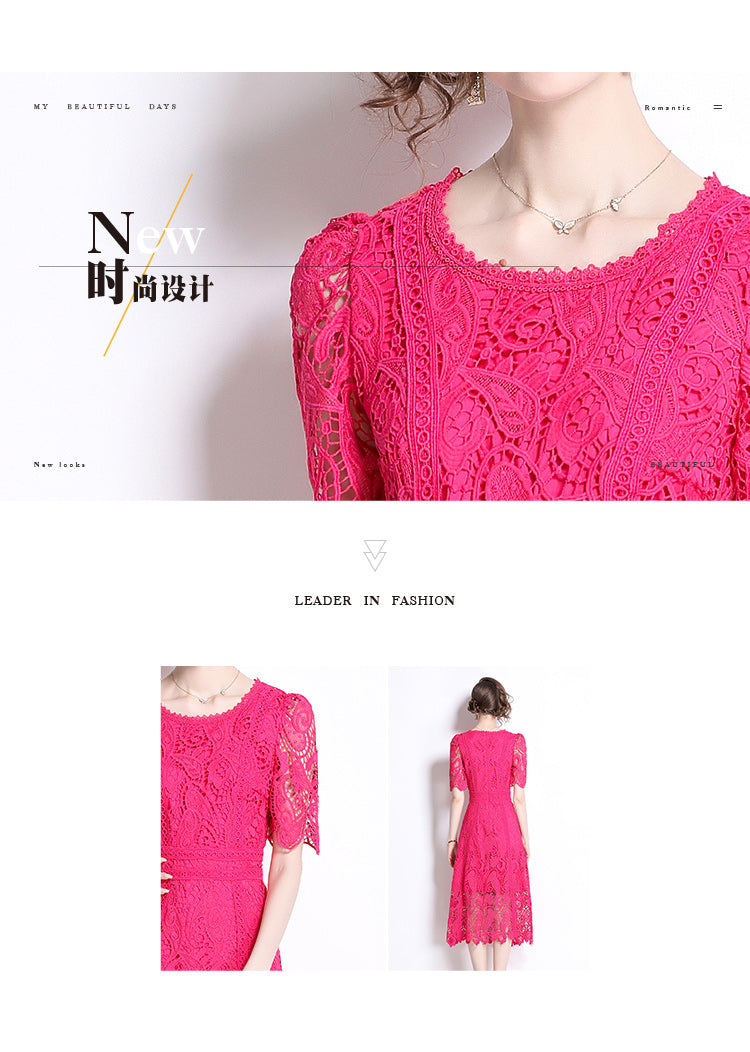 Original design temperament short sleeved skirt slim fit waist cinching heavy industry water-soluble lace dress for women