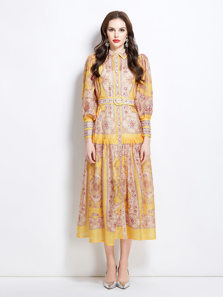 Original Design Spring/Summer Autumn Vacation Classical Palace Style Printed Bouquet Waist Single breasted Long Dress