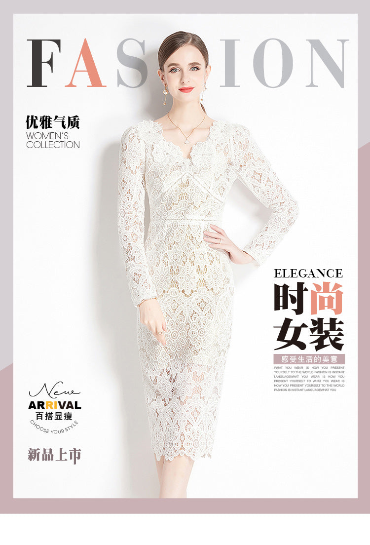 Original design for spring and summer water-soluble lace V-neck slim fit mid length dress for women