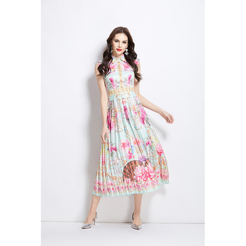 Original design for spring and summer palace pattern sleeveless mid length dress