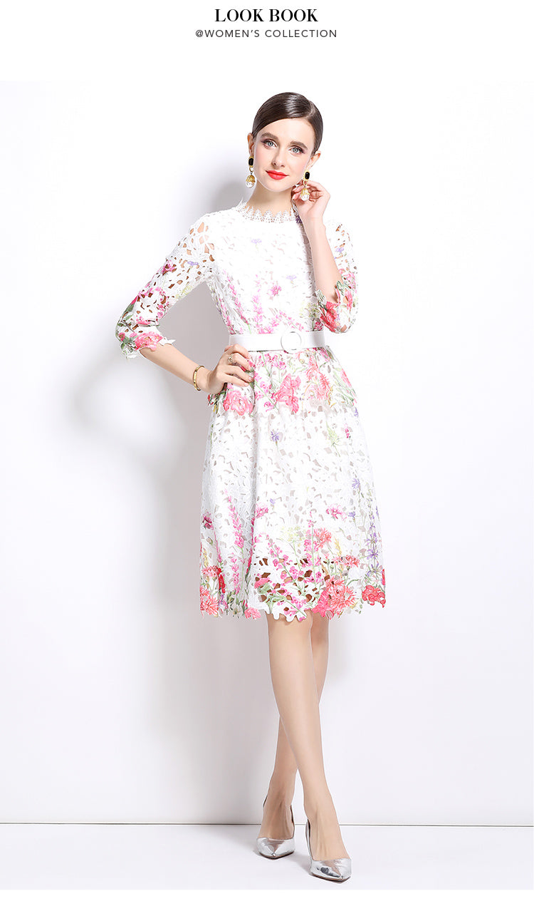 Original design mid long sleeved fashionable slimming hollow out water-soluble lace positioning mid length dress