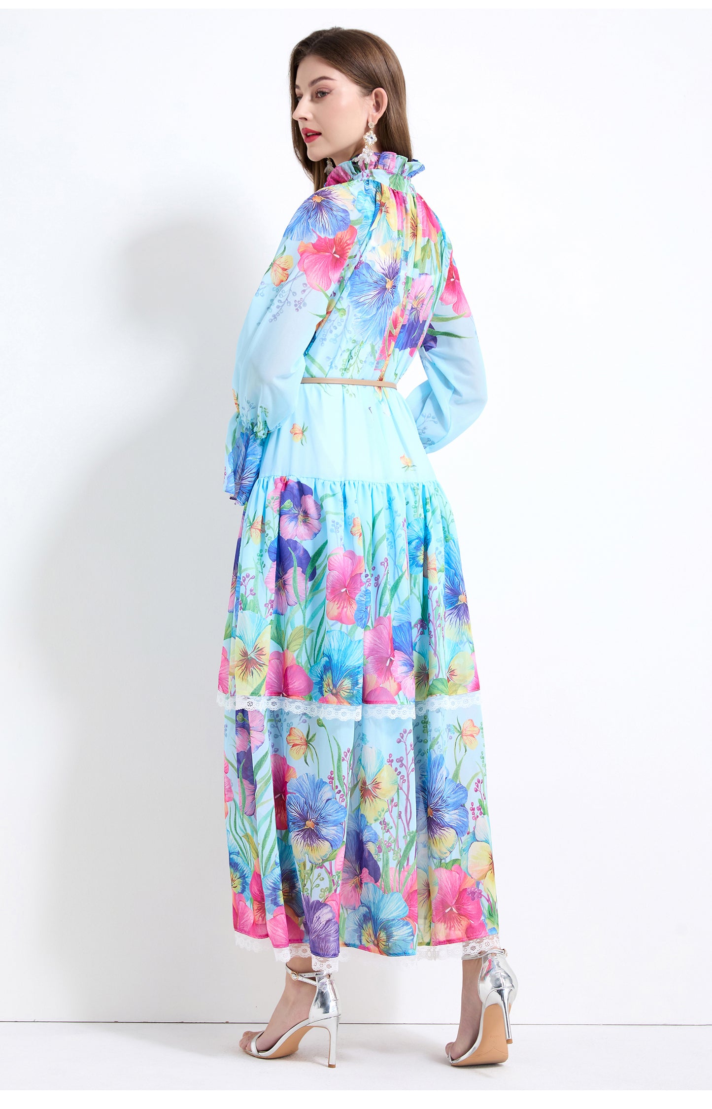 Original design - spring and summer fake lace cake skirt floral print waist ruffle skirt