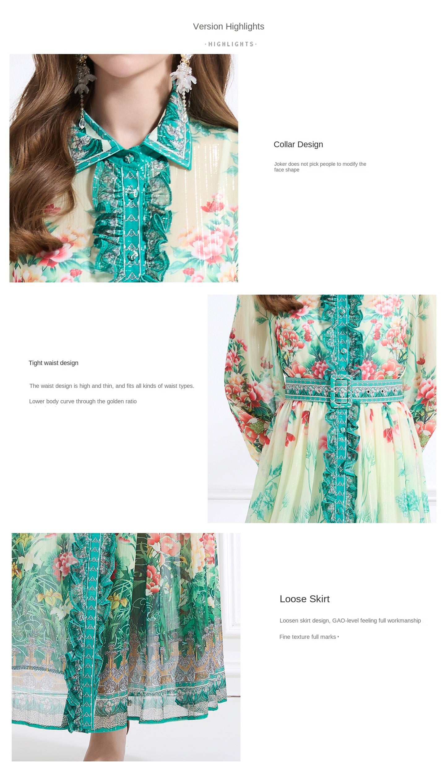 Original design - Spring/Summer, Autumn chiffon shirt collar print, long sleeves, cinched waist, ruffled maxi skirt