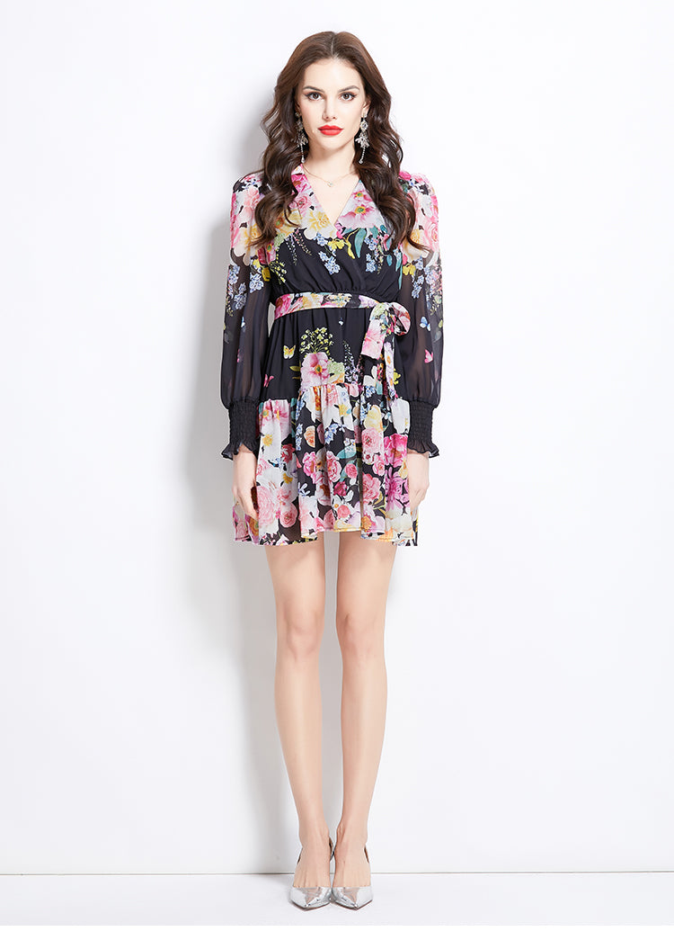 Original Design Spring/Summer Vacation New Flower Oil Painting Style V-neck Short Dress