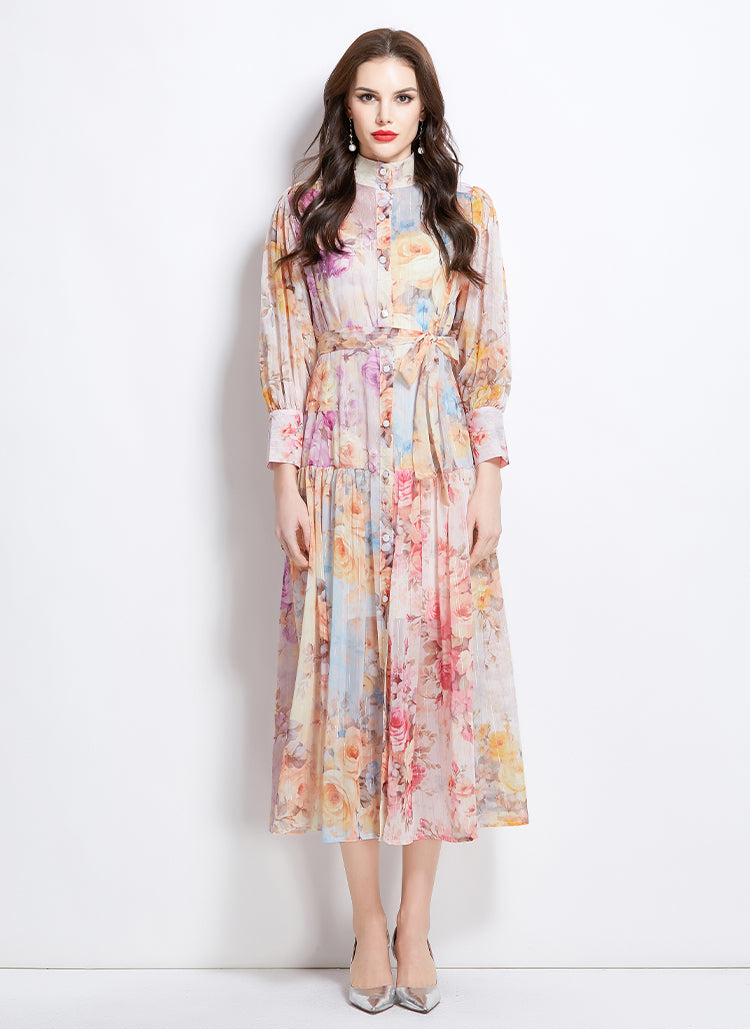 Original design: Spring/Summer ethnic style retro stand up collar lantern sleeve printed dress