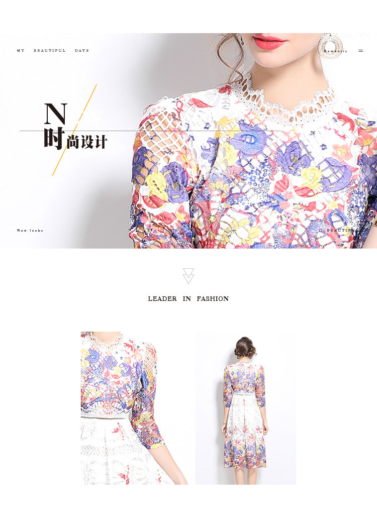 Original design mid long sleeved fashionable slimming hollow out water-soluble lace positioning mid length dress