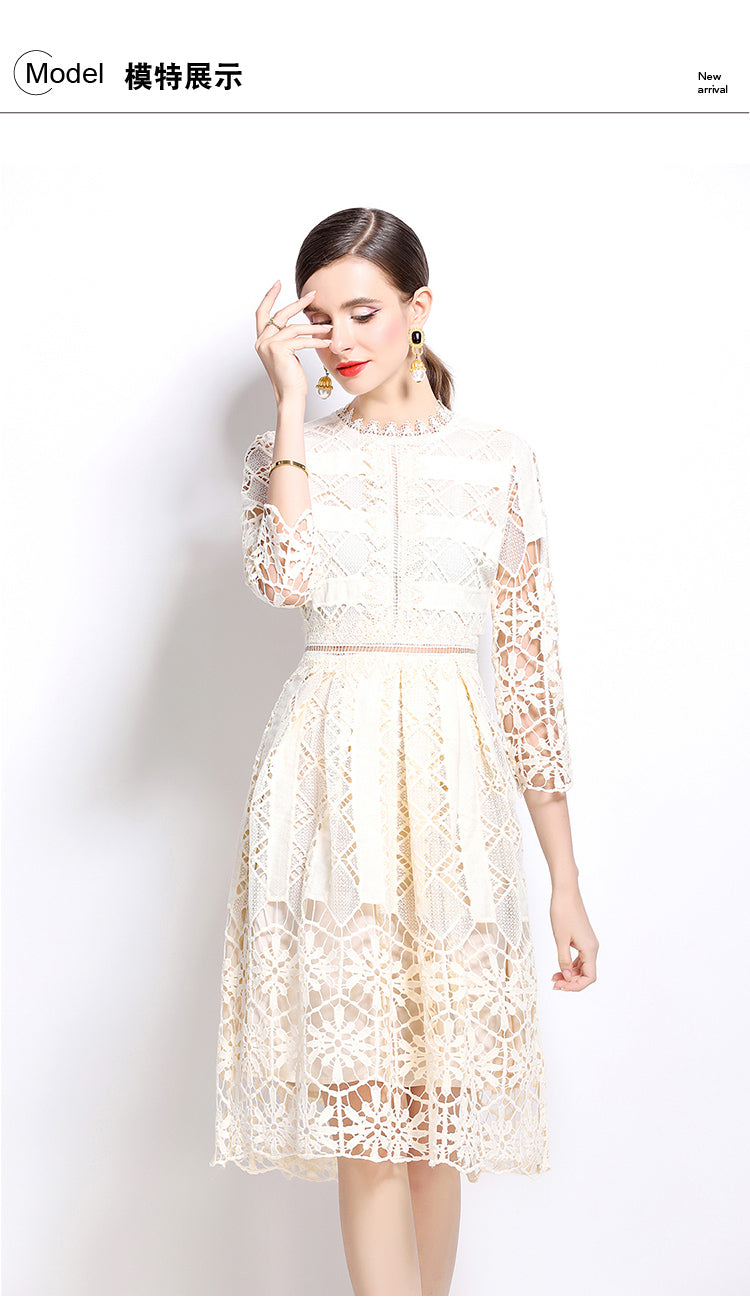 Original design mid long sleeved slimming hollow out water-soluble lace positioning printed mid length dress for spring, summer, autumn vacation