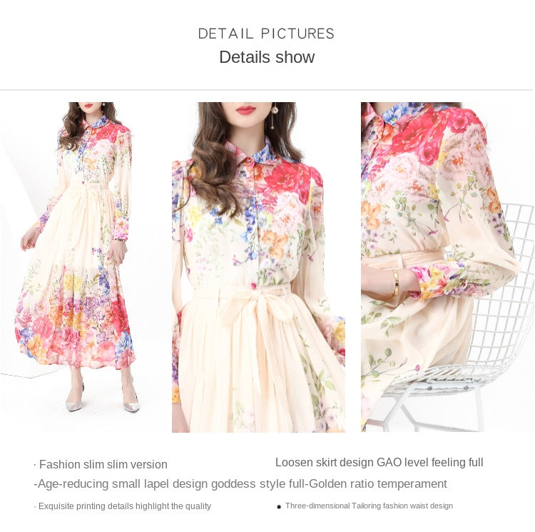 Original design: Spring, autumn and summer retro style balloon sleeve wavy edge long printed dress