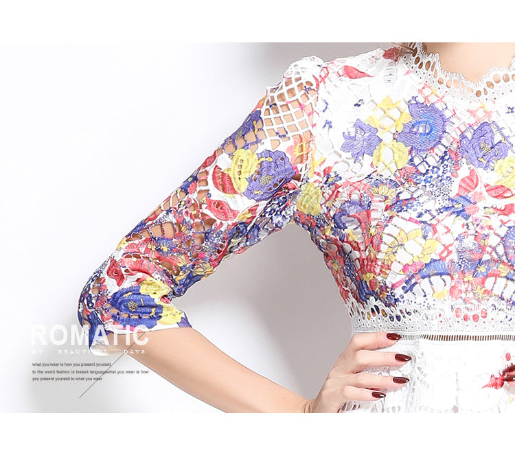 Original design mid long sleeved fashionable slimming hollow out water-soluble lace positioning mid length dress