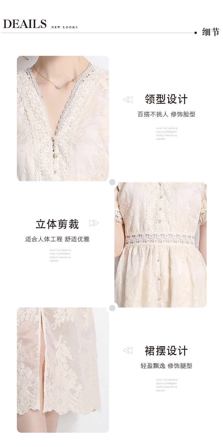 Original Design: Spring/Summer Embroidered V-neck Dress with Lace and Lace Charm Slimming Skirt