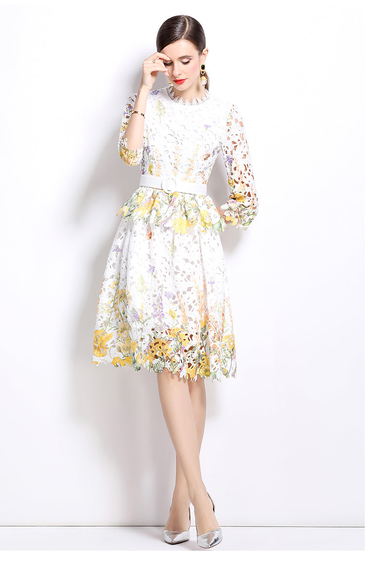 Original design mid long sleeved fashionable slimming hollow out water-soluble lace positioning mid length dress