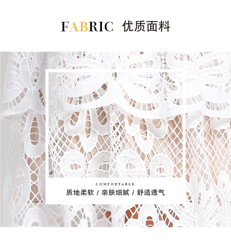 Original Design: Spring/Summer French Luxury Water soluble Embroidered Medium length Skirt with V-neck and Waist cinching to Look Thin Dress