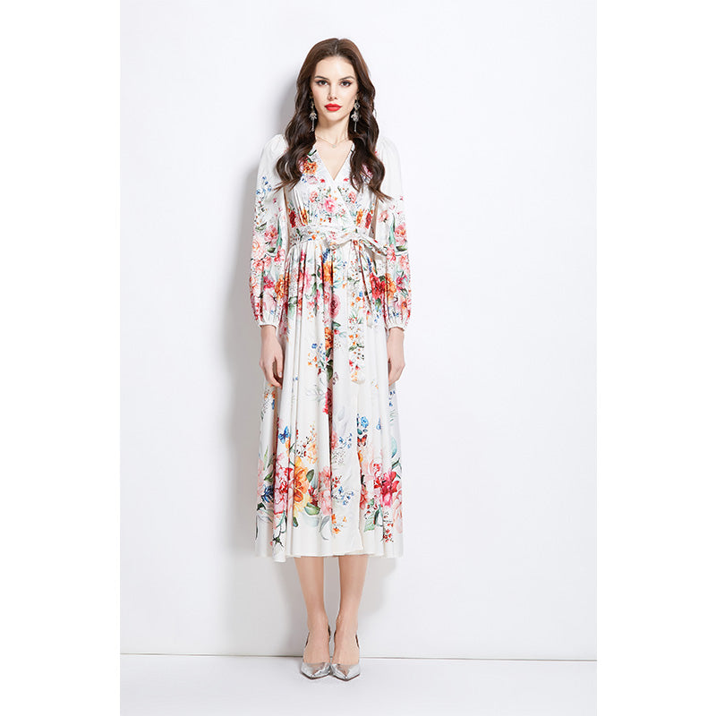 Original Design Spring/Summer Oil Painting Flower Pattern Wrapped Mid length Dress