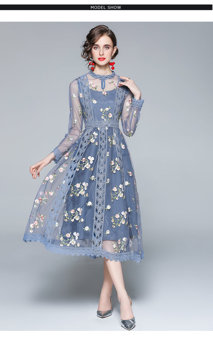 Original Design Heavy Industry Fine Embroidery Mesh French Long Style Super Fairy Sweet Dress