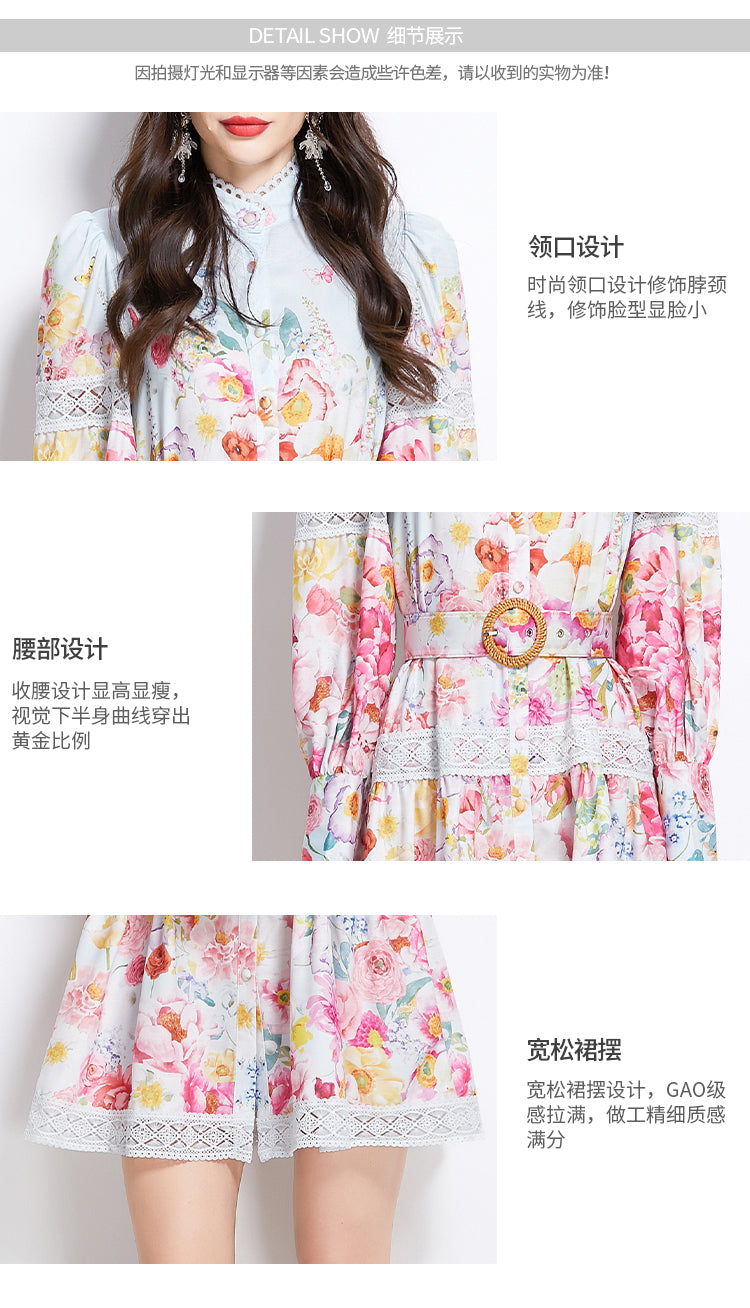 Original design for spring and summer vacation new style painted oil painting style lace patchwork short dress
