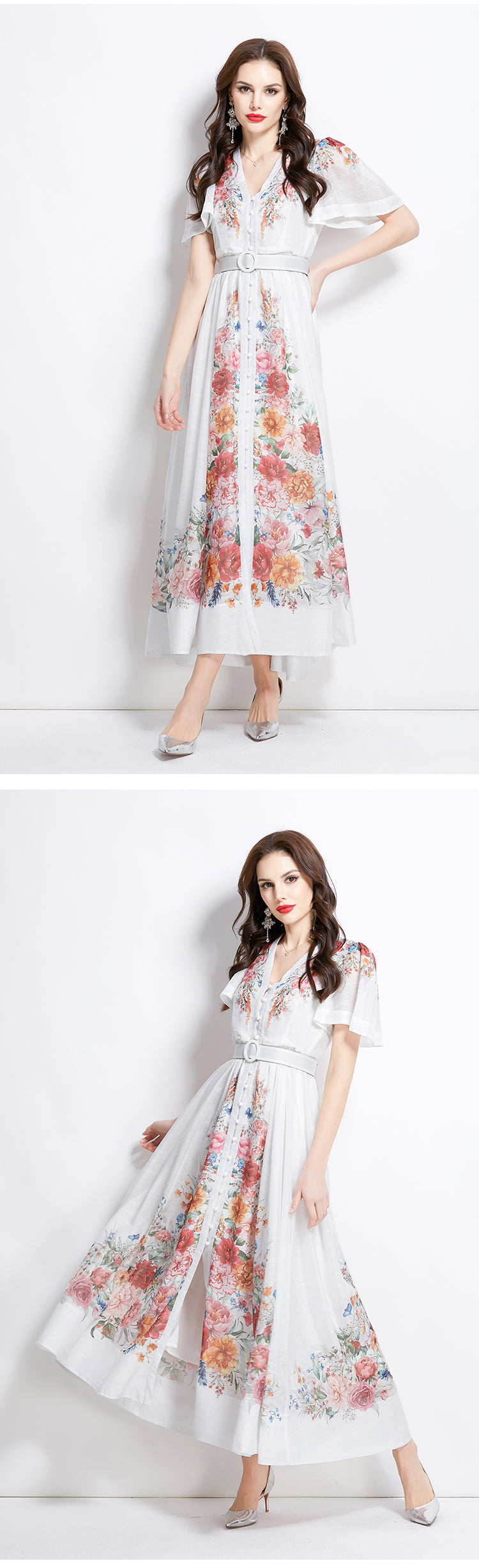 Original design of a vintage long dress with watercolor floral short sleeves for spring and summer