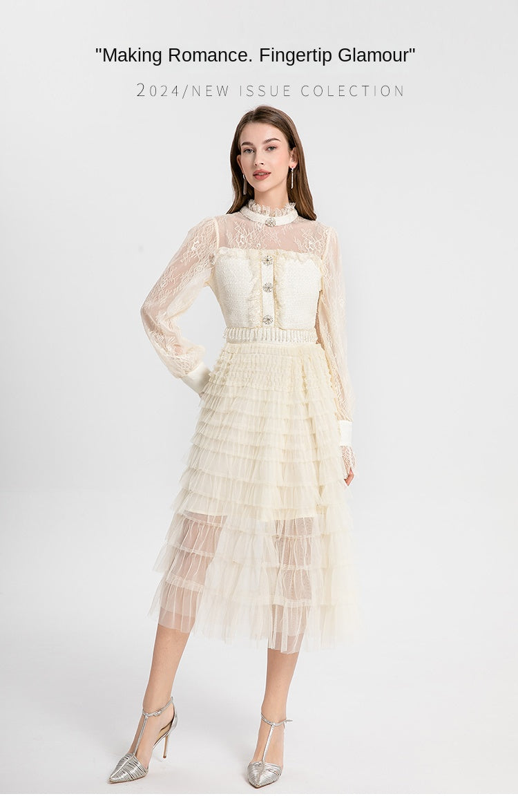 Original design women's heavy industry coarse tweed splicing mesh cake skirt crystal tassel temperament fairy