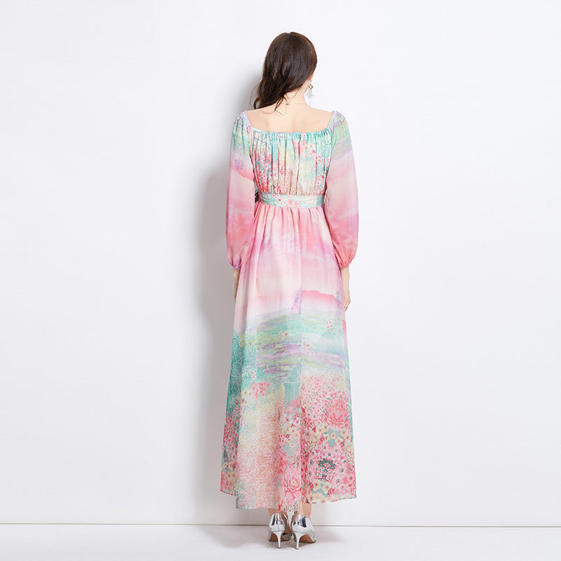 Original Design Spring/Summer Retro Flower One Shoulder Long Dress