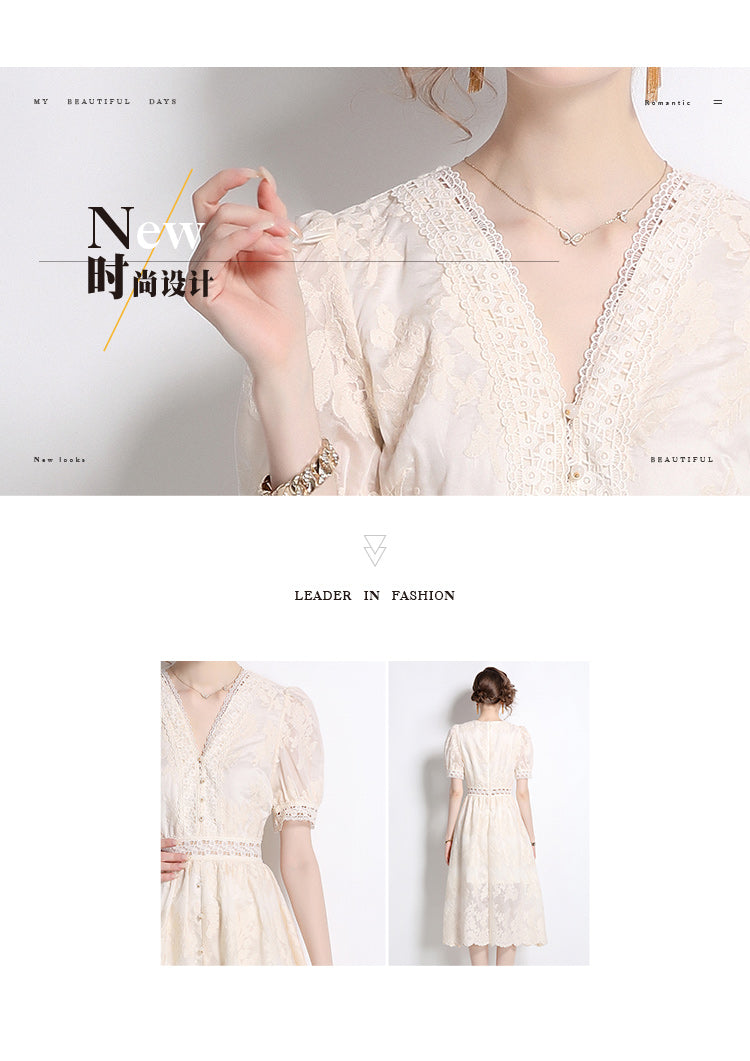 Original Design: Spring/Summer Embroidered V-neck Dress with Lace and Lace Charm Slimming Skirt