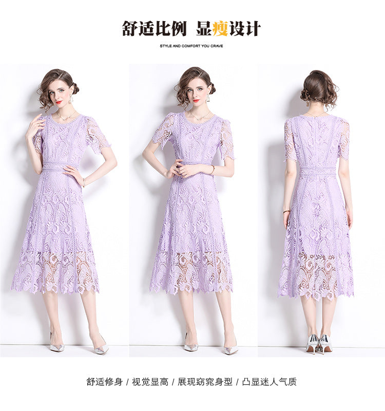 Original design temperament short sleeved skirt slim fit waist cinching heavy industry water-soluble lace dress for women