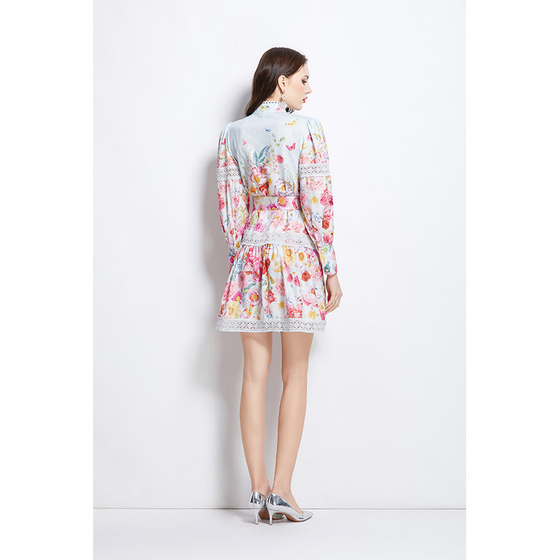 Original design for spring and summer vacation new style painted oil painting style lace patchwork short dress