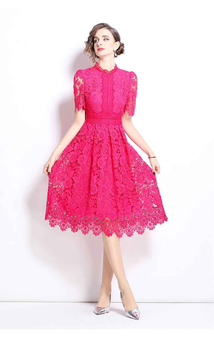 Original design short sleeved slimming hollow out water-soluble lace positioning mid length dress