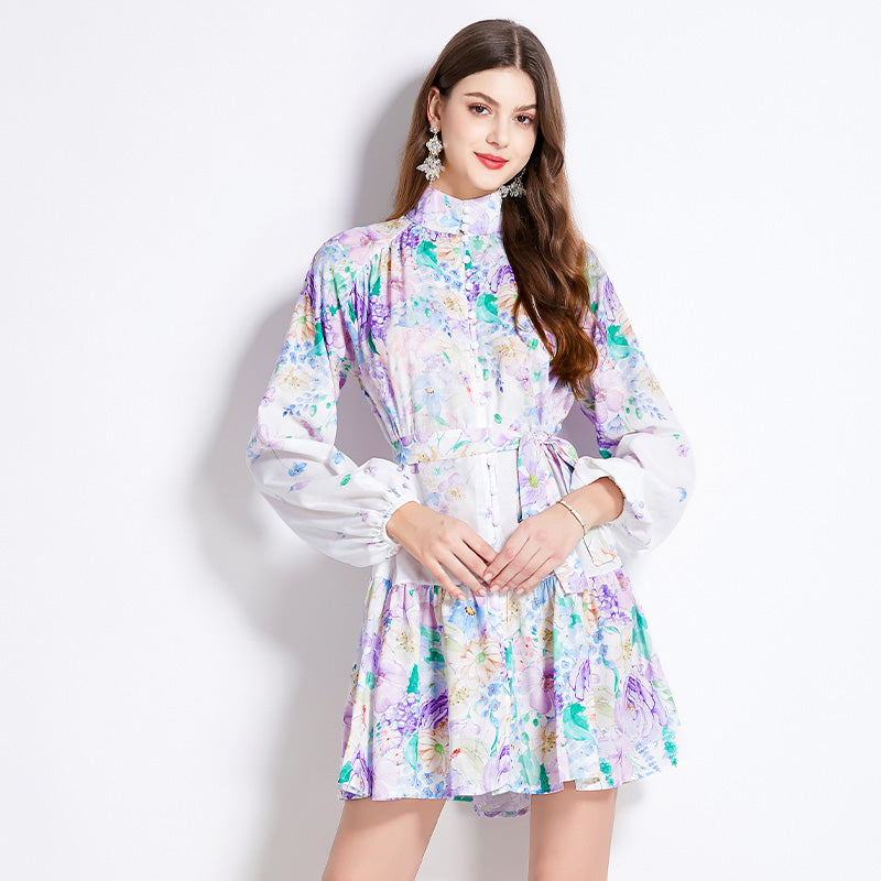 Original Design Spring/Summer Autumn Vacation New Flower Oil Painting Style Stand up Neck Short Dress
