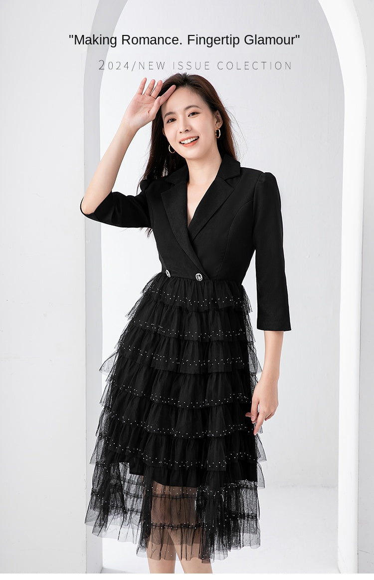 Original design exquisite mesh cake skirt patchwork suit dress temperament fake 2pieces