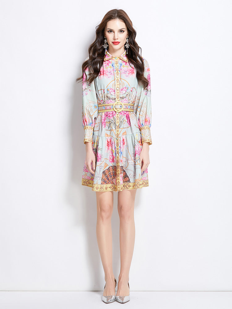 Original Design Spring Summer Autumn Vacation Painted Oil Painting Style Short Collar Dress