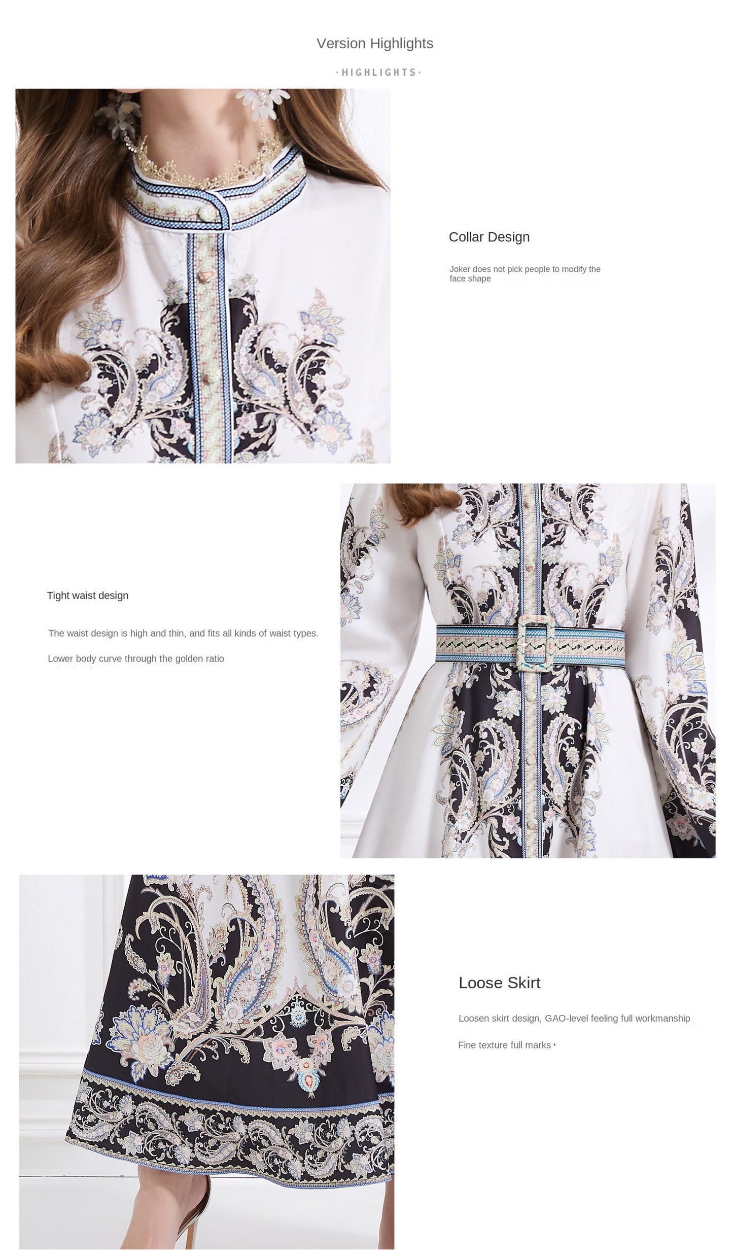 Original design - court-style vintage stand-up collar lace print tunic with large hem waist
