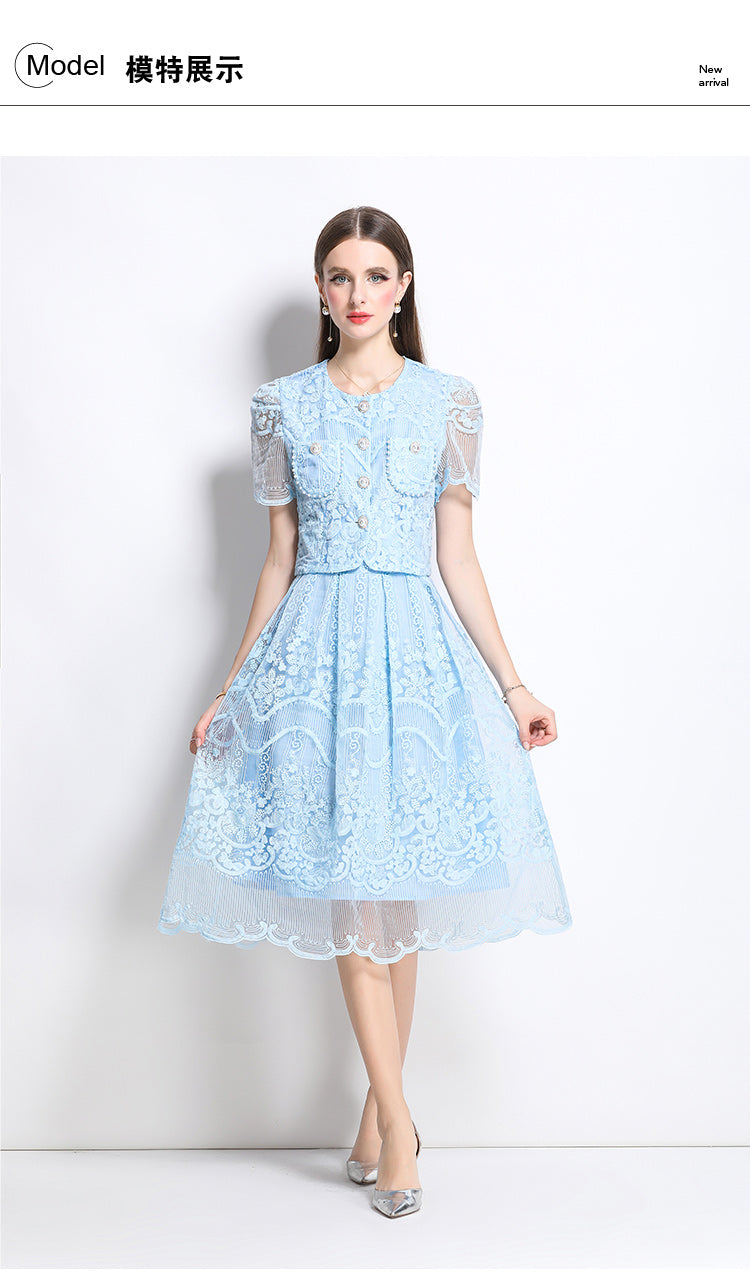 Original design for spring and summer small fragrance style set light luxury and high-end water-soluble lace skirt two-piece set