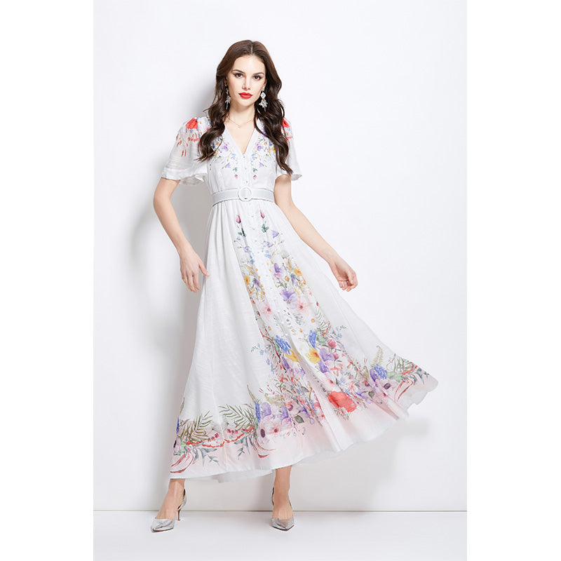 Original Design Spring/Summer Watercolor Flower Short Sleeve Retro Long Dress