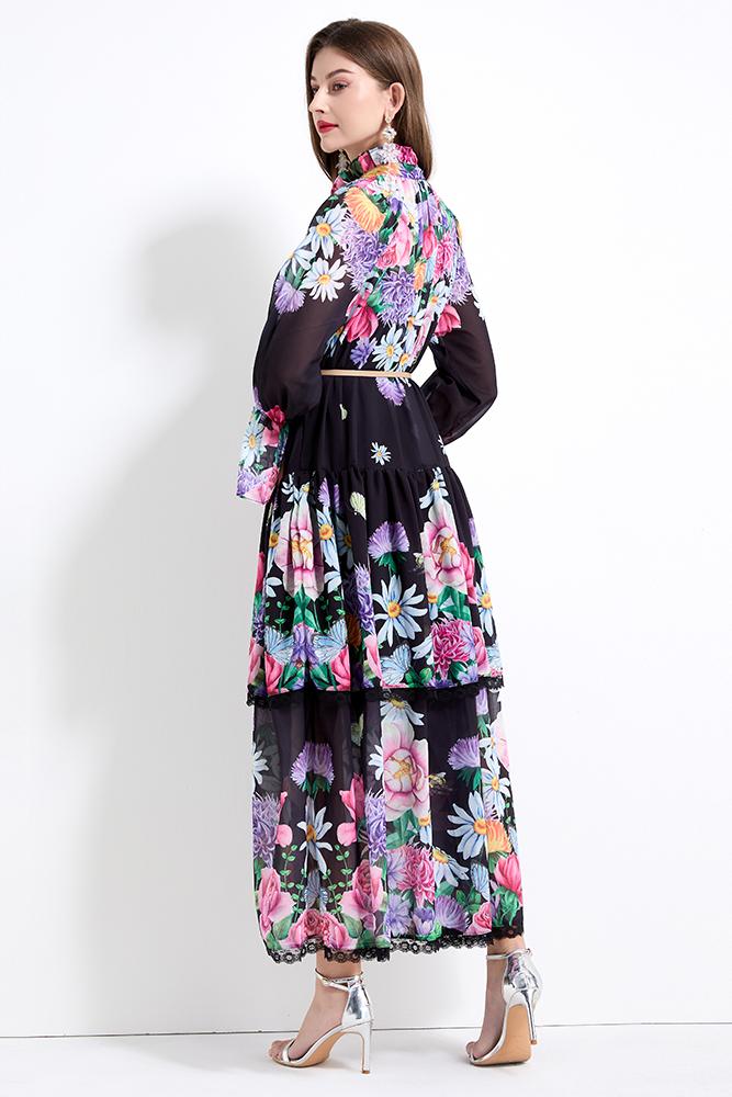 Original design - spring and summer fake lace cake skirt floral print waist ruffle skirt